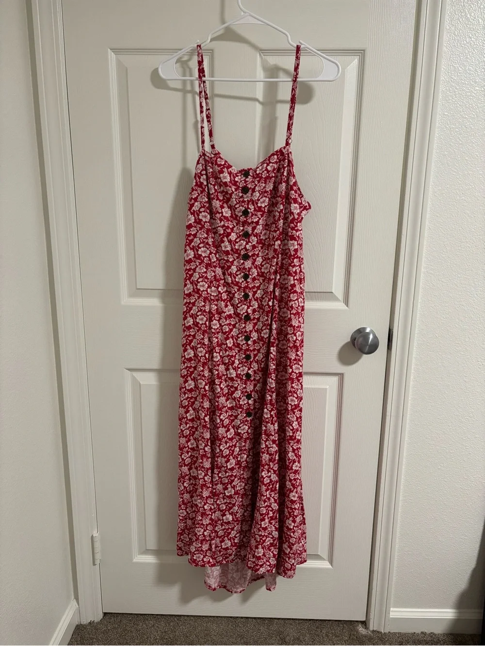 Women’s Linen Red Floral Button-Front Midi Sundress